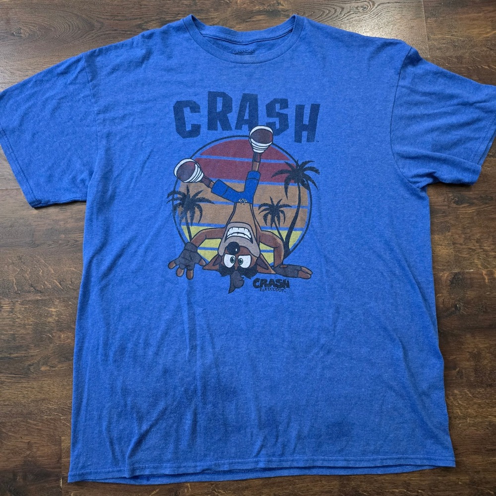 Crash Bandicoot Mens XL Blue Graphic T-Shirt Retro Gaming Sunset Palm Tree